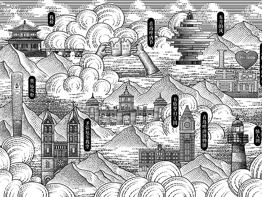青岛建筑景点——版画风插画包装