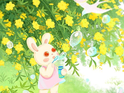 十二月小兔子与花卉系列插画