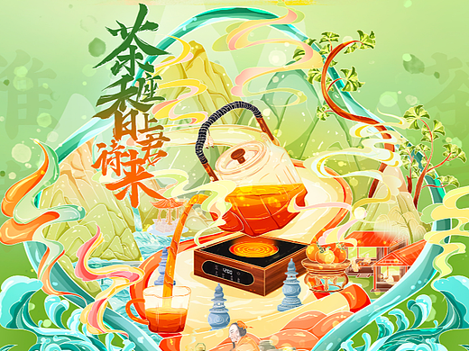 玻璃茶具插画海报系列插画
