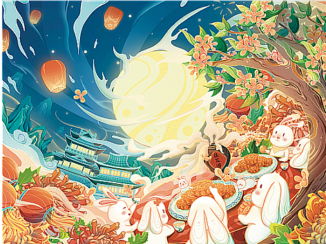 中秋团圆国风插画