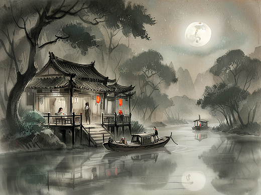 烟笼寒水月笼沙 夜泊秦淮进酒家（个人主页-ZNjgwOTg4MDQ=） - AI作品 - 站酷设计师巨大三头红纹寿原创素材 - 站酷ZCOOL
