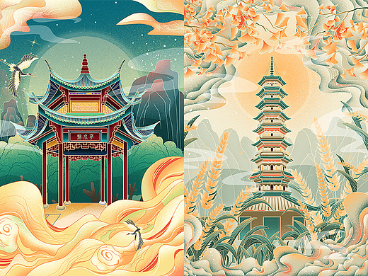 中式建筑国潮插画