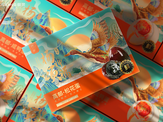 圃也家鸭蛋农品包装，手绘国潮插画记录高邮山水印象