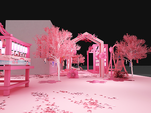 3D效果图设计 商场大型广场樱花节活动美陈设计