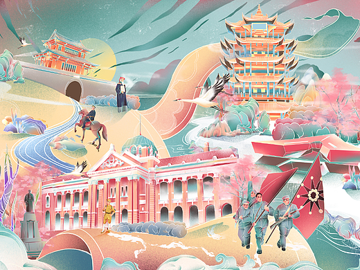 辛亥革命原创插画设计 #九头鸟文旅创意# 武汉地标建筑