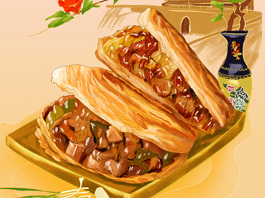 肉夹馍，商业插画，美食插画，陕西美食