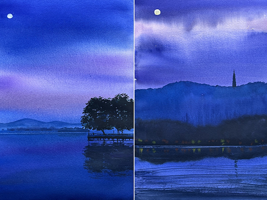水彩风景——西湖仲秋月