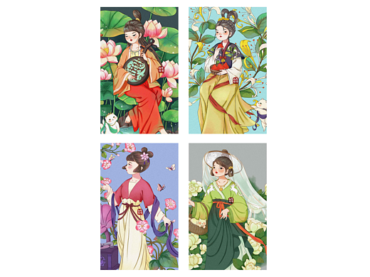 一组国风女孩与花原创插画