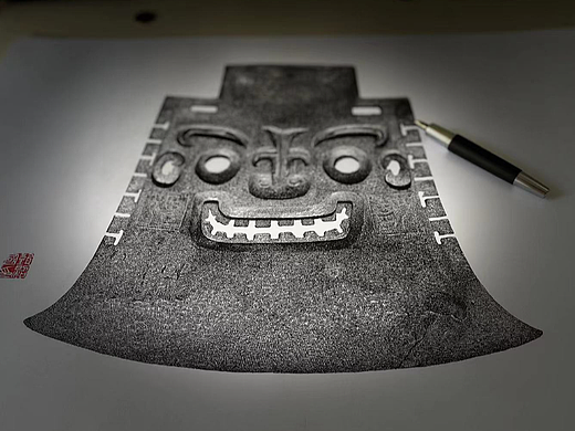 呆萌可爱的商代亚醜钺/文物钢笔画