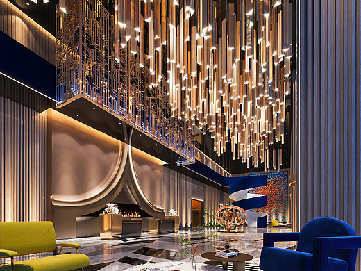 一个酒店的前厅及餐厅的效果图表现.