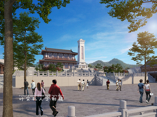 室外建筑鸟瞰+透视丨烈士墓园效果图