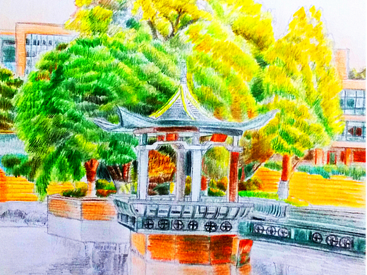 a4彩铅手绘:华南理工大学五山校区的亭台一角