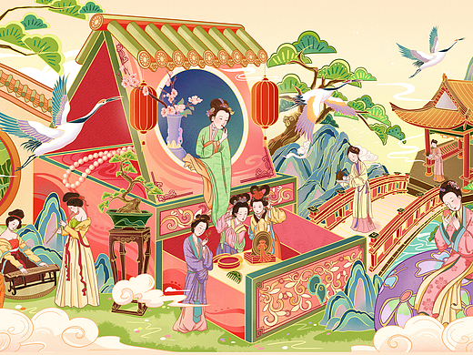 国潮插画——仕女x化妆品x故宫