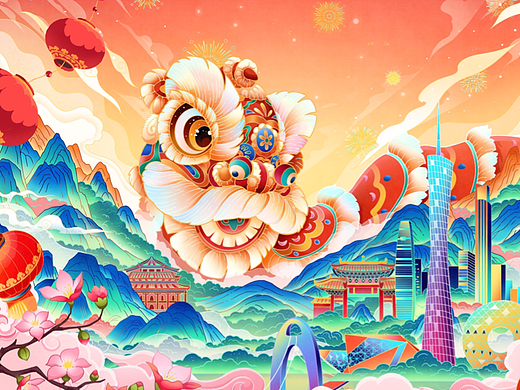 狮舞岭南国潮包装插画