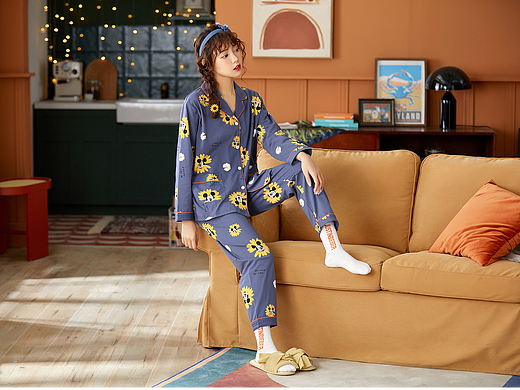 春秋季可爱韩版布朗熊针织纯棉开衫翻领家居服套装