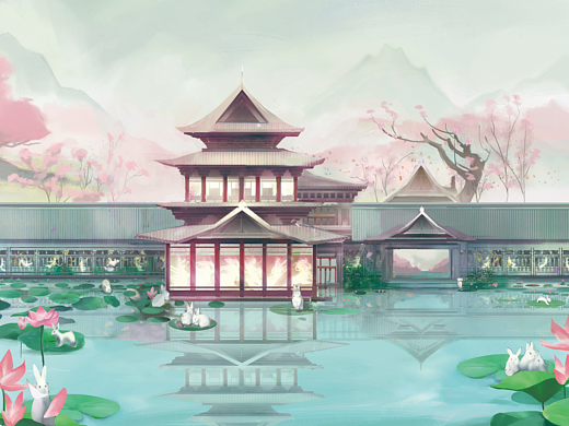 古风插画，亭榭楼台，荷花亭亭