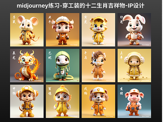 Mjdjourney之《穿工装的十二生肖》IP设计
