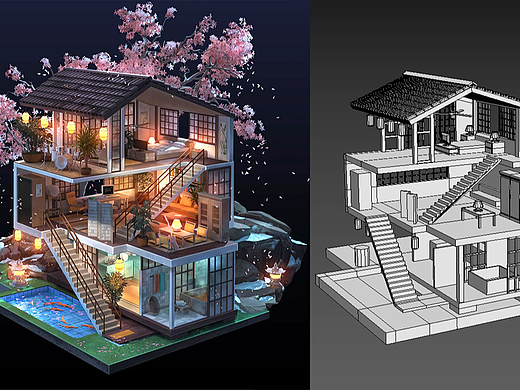 【3dmax场景建模】樱花小屋场景模型制作教程。