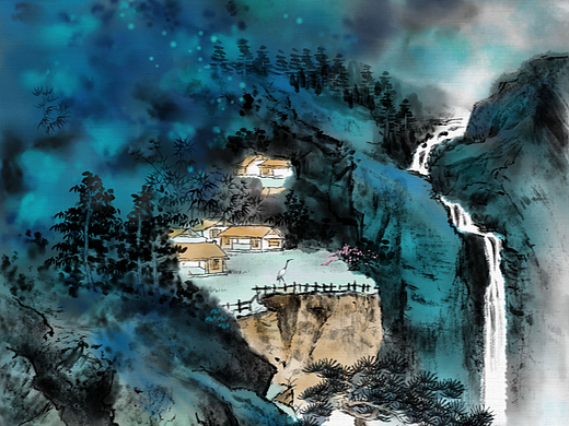 数字国画插图，泼墨模拟