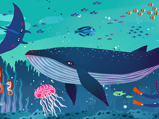 横幅海洋动物海洋鱼类拼图插画 鲸鱼 鲨鱼 海豚 蝙蝠鱼