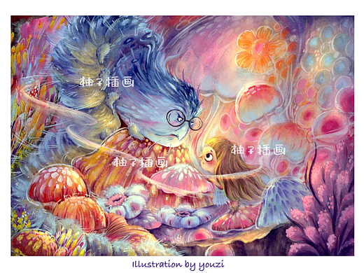 一张水彩作品【小小爱丽丝和大大毛毛虫】