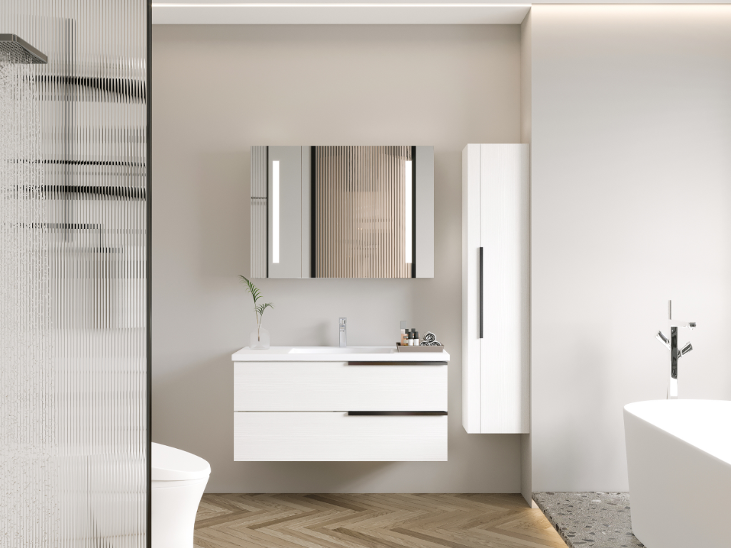 雪白的浴室柜搭配淡雅的素色空间（浴室柜渲染）