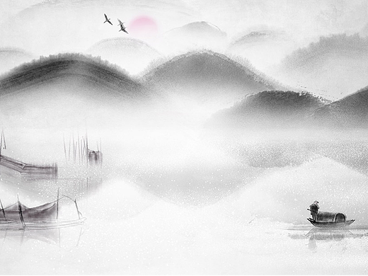 禅意水墨山水画《渔舟唱晚》水墨江南水墨中国