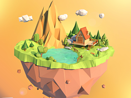 C4D 建筑 lowpoly 空中小島