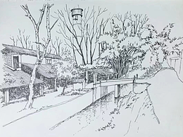 川西林盘（成都平原乡村）-黑白线条手绘