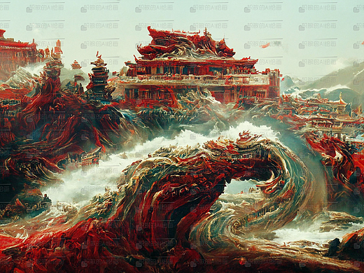 惊涛骇浪下的古楼   AI人工智能绘画艺术