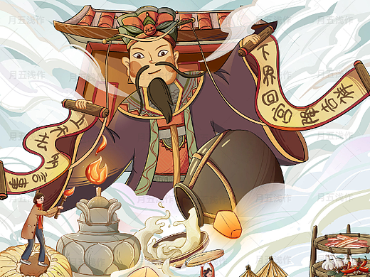 灶王新春文化年画创意设计新中式国潮插画