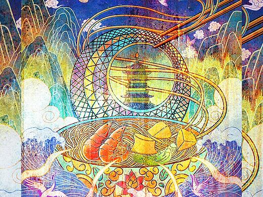 原创国风插画——厦门城市美食之沙茶面
