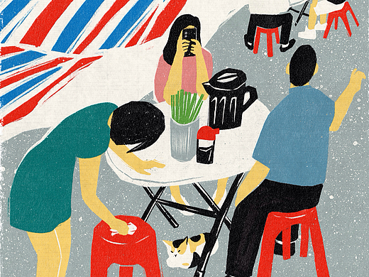 版画风格插画创作：午市大排档