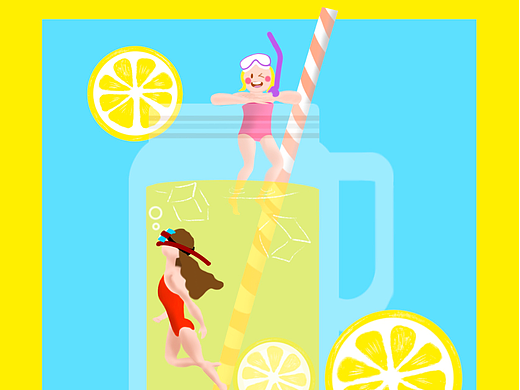 女孩们在柠檬水里浮潜