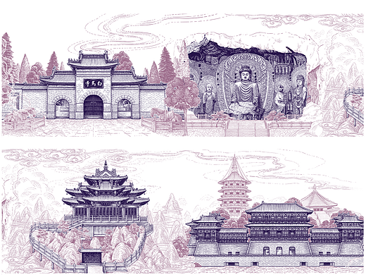 版画/旅游文化景区建筑长卷包装插画