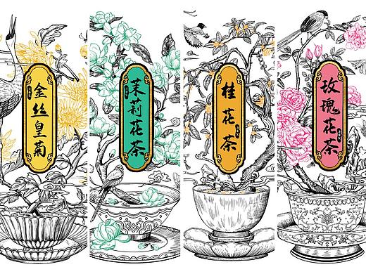 线条风仿版画复古花茶包装设计