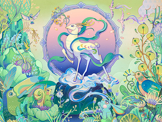 《神鹿踏青,春夏无忧》九色鹿敦煌原创插画