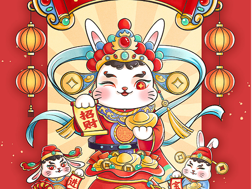 招财兔 财神爷年画 国风插画