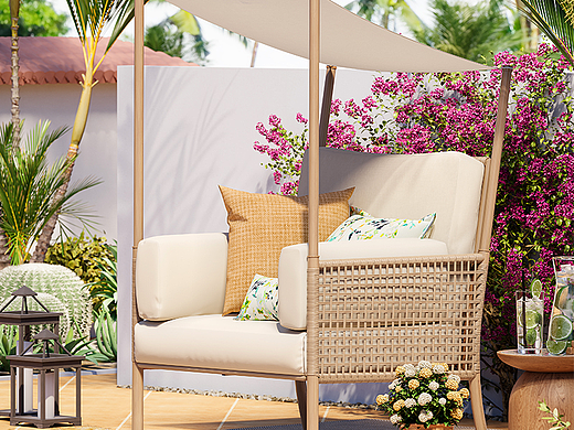 户外家具 带顶布藤编椅 波西米亚风寂静风原木风渲染