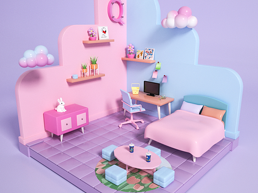 C4D+OC  可可爱爱，粉粉嫩嫩的小房子