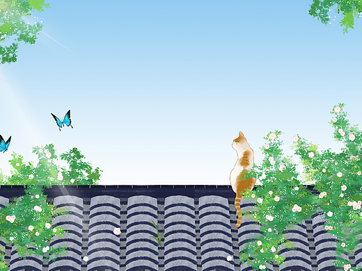 【中国风插画】夏季蔷薇猫咪蝴蝶