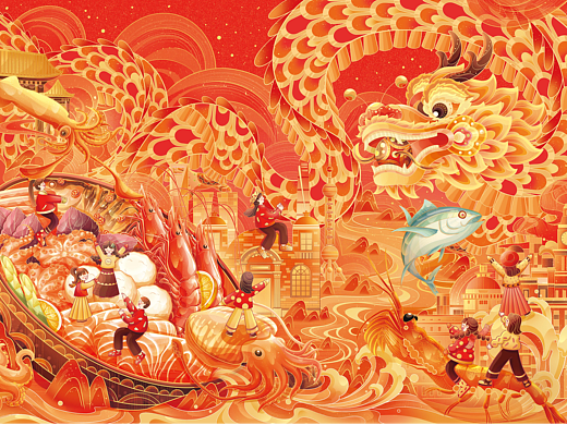 上海色壹x龙门新年海鲜包装礼盒 |新年插画｜海鲜插画