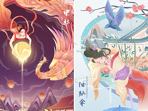 国潮原创插画——《月满中秋》《遇见非遗——油纸伞》