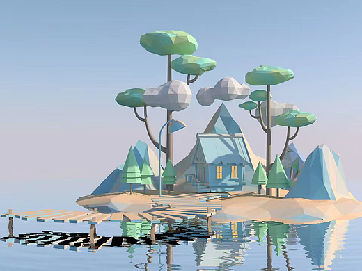 C4D低多边形小岛白天