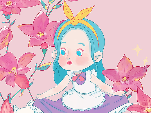 花。女孩。小狗