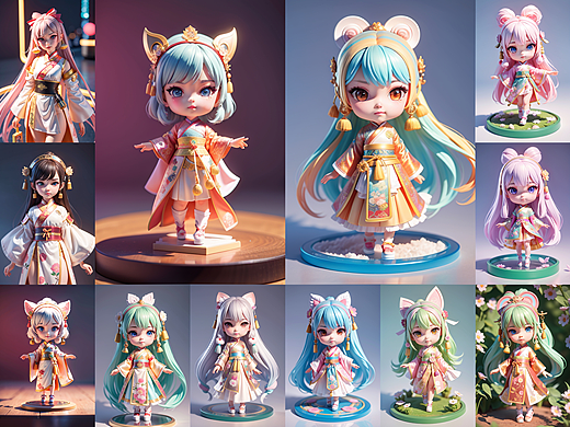 3D手办盲盒潮玩IP女孩汉服方案--AI SD生成