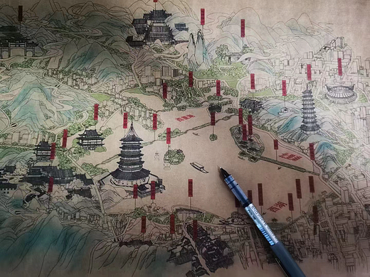 杭州西湖旅游景点手绘地图白描线描色彩建筑绘画地图
