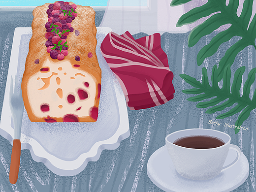 美食插画 | 咖啡蓝莓蛋糕