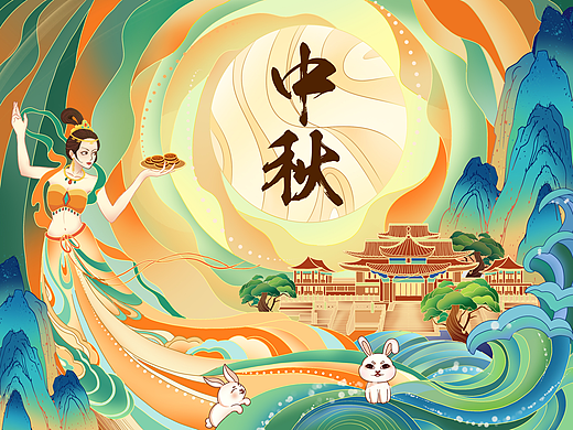 中秋佳节-原创中秋月饼国潮插画包装设计