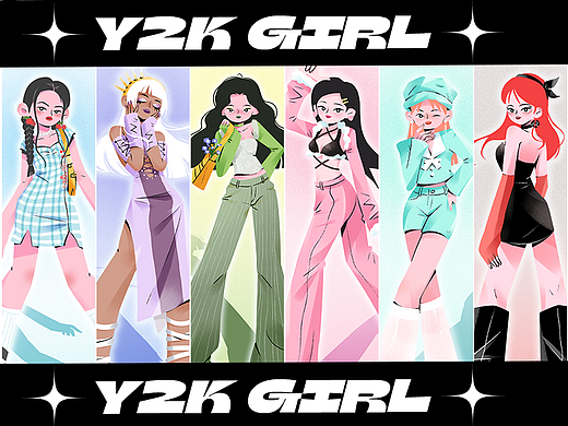 Y2K女孩时尚扁平插画